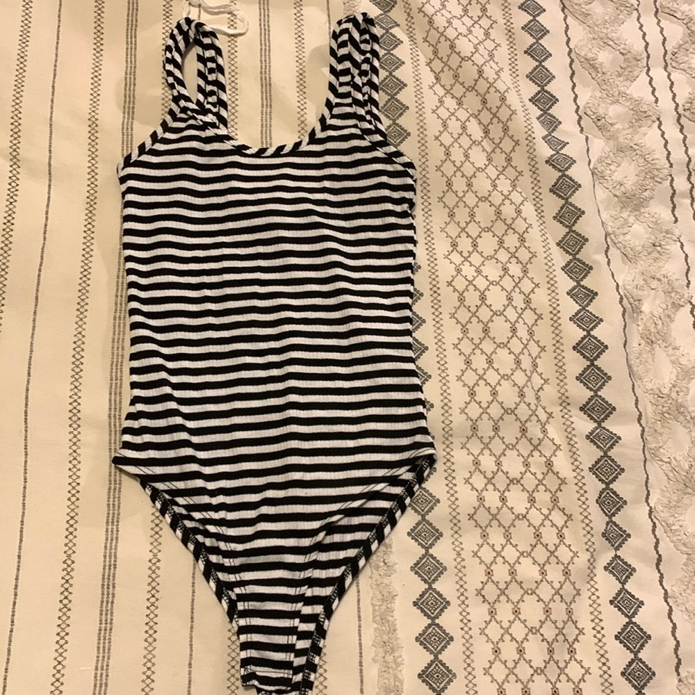 Rebel Sugar Black/White Striped Tank Top Bodysuit Small NWOT